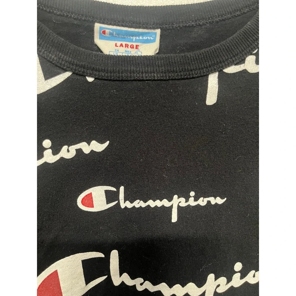Vintage Champion All Over Print Logo T-Shirt Black Graphic Tee Size Large - Picture 3 of 5